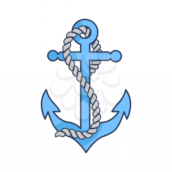 Blue heavy anchor with strong rope isolated cartoon vector illustration on white background. Construction designed to hold vessel in one place.