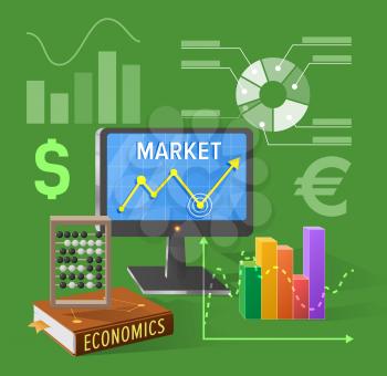 Market and economics isolated vector illustration on green. Cartoon style computer screen, various charts, textbook with counting frame and icons of currencies
