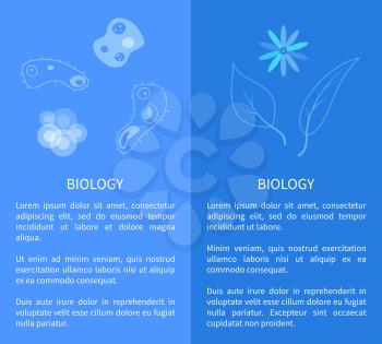 Biology poster with micro cell organisms in zoom, plant with flower and leaves vector illustrations with text in microbiology concept