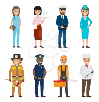 Vector illustration of policeman and lifesaver, medical adviser, bearded mariner and cook with ladle, stewardess near waiter, builder with tool box.