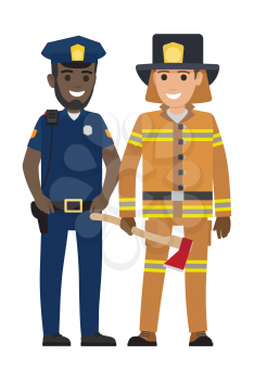 Black policeman and lifesaver fireman in hat, vector illustration. Police officer with black walkie-talkie and firefighter holds rescue tool.