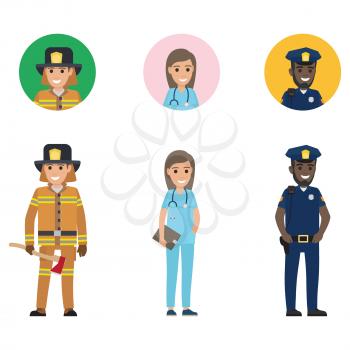 Firefighter in protective suit with long ax, medical adviser with tablet, police officer with walkie-talkie vector illustration