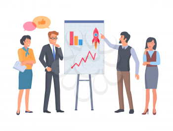 Man and woman on business coaching with diagram on placard vector illustration. Male point on poster with charts. Successful startup project