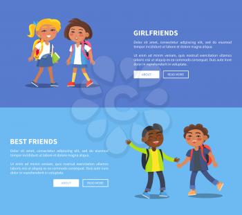 Girlfriends and best friends collection of banners. Vector illustration of young student with backpacks communicating with one another