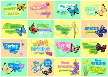 Spring discount sale set of posters with flowers butterflies and headlines, spring discount collection vector illustration isolated on yellow and blue