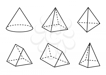 Geometric figures set isolated on white backdrop, vector illustration, square pyramid and tetrahedron, cone and triangular prisms, hexagonal pyramid