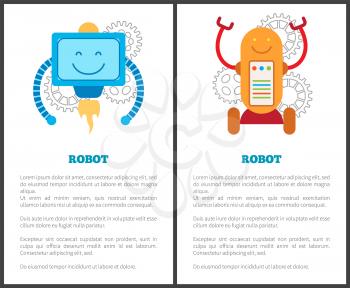 Robots with turbine and on wheels promo posters set. Mechanical robots that worcs with petrolium and electricity cartoon vector illustrations set.