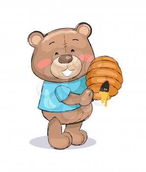 Male teddy bear in blue t-shirt holding hive full of honey and smile, gift for you on Saint Valentine s day vector illustration toy animal on white