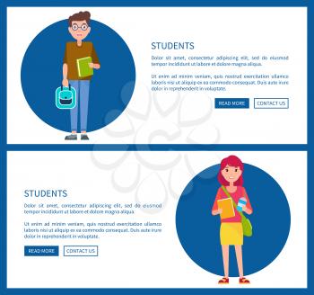Students boy and girl in cartoon style web posters design with push buttons, woman and man with book and refreshing drink, college students vector