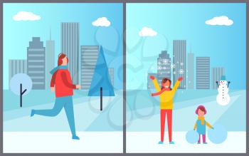 People and cityscape collection of posters with skiing man, woman with snowflakes and small girl holding snowballs and snowman vector illustration