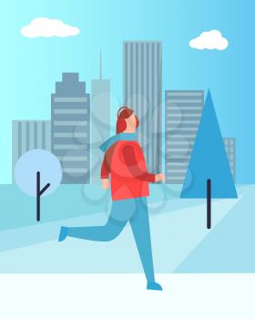 Woman in earphones running in warm winter cloth vector on background of skyscrapers. Girl dressed in jacket and blue jeans warming up in city park