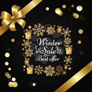 Winter sale best offer poster gift bow, decorative square frame made of golden snowflakes, presents boxes in xmas concept vector on black with splashes