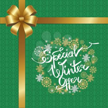 Special winter offer poster on ornamental green background, with bow in corner, decorative frame made of silver and golden snowflakes vector