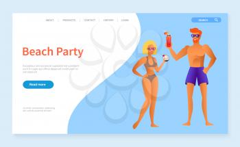 Beach party vector, people on vacation relaxing man and woman wearing swimming suits. Couple with beverages cocktails tropical drinks glasses. Website or webpage template, landing page flat style