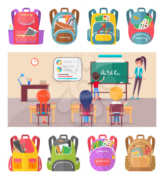 Children learning alphabet at school lesson with teacher. Boy standing near blackboard with chalk and writing letters vector. Teacher asking question to class. Back to school concept. Flat cartoon