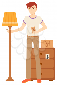 Seller or buyer standing near lamp and bedside table furniture retail. Sale of wooden nightstand and illuminator with dollar label, second selling. Garage sale, event for sale used goods. Flat cartoon