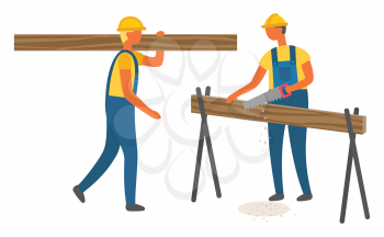 Construction workers wearing helmet and work uniform sawing wood, man carrying log. Lumberjack character, logging technology, professional building vector. Flat cartoon