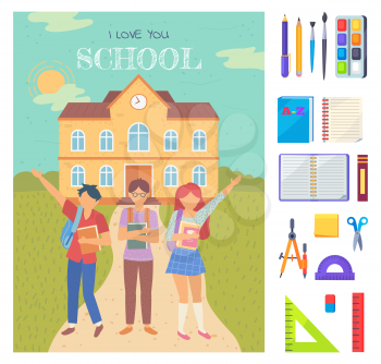 I love you school postcard, girl and boy with backpack and books. Pen and pencil, tassel and paint, book and notebook, ruler and dividers stickers vector. Back to school concept. Flat cartoon