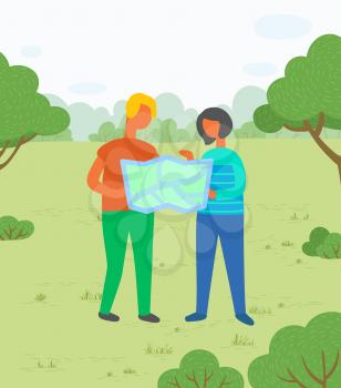 Travelers or hikers, couple with map, vacation or holidays vector. Man and woman in park, exploring land or territory, geography and cartography, nature. Family weekend