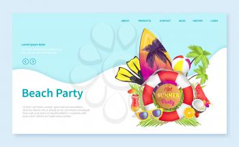 Beach party vector, summer vacation by coast, surfing board with palms and lifebuoy, coconut and sunglasses, surfboard hobby. Swimsuit cocktail. Website or webpage template, landing page flat style