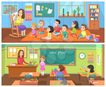 School vector, education of kids in educational institutions. Teacher estimating projects of pupils, lady teaching abc in kindergarten. Classroom interior. Back to school concept. Flat cartoon