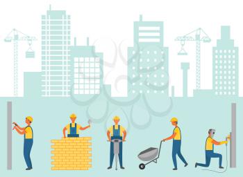 City workers with equipments ad tools vector. Workmen and cityscape with crane and lifters, male with bricks and carriage, drilling instrument machine