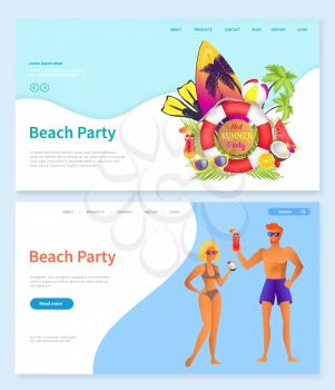 Beach party vector, surfing board with coconut and glasses, palm tree and lifebuoy. Man and woman drinking alcoholic tropical cocktails by coast. Website or webpage template, landing page flat style