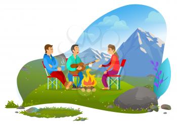 Company of young people at picnic roasting marshmallows on fire, playing guitar and singing. Mountain landscape, hiking and recreation vector illustration. Mountain tourism. Flat cartoon
