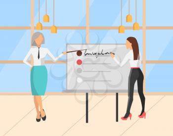 People presenting new strategy plan for company vector, woman with whiteboard and inscriptions. Woman wearing formal clothes, teamwork of ladies office. Modern office with big windows