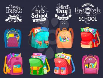 Back to school and first day in college, squared page with backpack. Chancellery in bag, pen and notebook, paints and tassel, knowledge symbol vector. Set of backpaks. Flat cartoon isometric 3d
