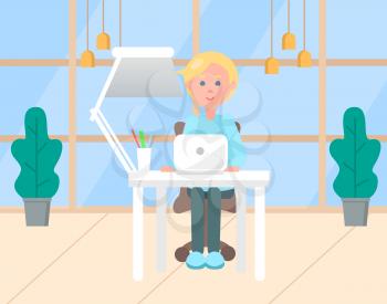 Person typing on laptop vector, flat style character working in office. Workplace of blond, box with pencil and supplies, lamp and decoration plants. Modern office with big windows