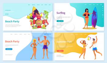 People resting on summer vacation vector, beach party. Man and woman holding cocktails tropical weekends watermelon and coconut, surfboard. Website or webpage template, landing page flat style