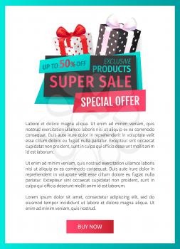 Up 50 percent reduction of price, discount label with presents web page template vector. Premium gifts with special offers. Exclusive products sellout