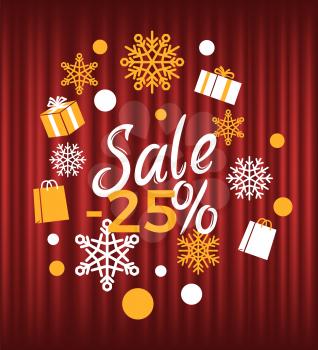 Winter season reduction of price vector, sale 25 percent. Snowflakes and presents packed in boxes tied with ribbons. Promotion and clearance business. Red curtain theater background