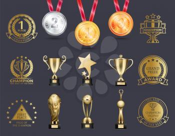 Silver and gold medals collection hanging on red lace, prizes on pedestals, badges with headlines, stars laurel branch isolated on vector illustration
