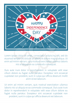 Happy Independence day poster heart shape label in colors of American flag, anniversary holiday celebrated on 4th July vector greeting with text sample