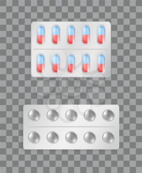 Pills strips with capsules having positive effect on human body, vitamins or painkillers, medical elements transparent background vector illustration