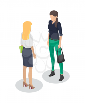 Secretary and client meeting 3d isometric. Icons of businesslady and customer holding handbag. Formal seance of worker with woman isolated on vector