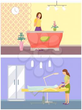 Beauty spa salon and receptionist set vector. Woman on reception with phone talking to clients. Cosmetologist operating face skin care and treatment