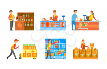 Supermarket departments winery bakery stores with professional sellers vector. Butchers and grocery cashier with clients and products, milk and juices
