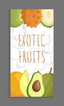 Ambarella and kiwano, papaya and melon, avocado and jackfruit whole and cut tropical fruits on vector leaflet. Exotic ripe veggies isolated on banner