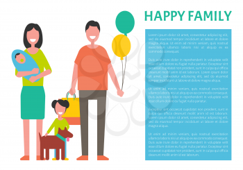 Happy family mother, father and two sons newborn and infant with pet dog poster with frame for text. Dad, mom and little boy on arms, dad holding balloons