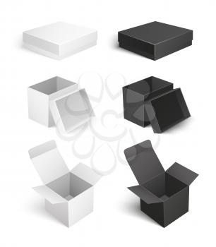 Package with caps empty containers isolated icons set vector. Square shaped carton boxes for products keeping and storage. Compact products shipping