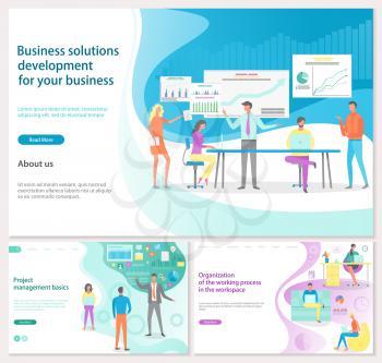 Business solution development for your business posters with text set vector. Project manager basics, organization of working process in workplace