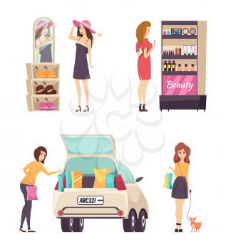 Person choosing makeup cosmetics product from stand vector. Palette and powder foundation and mascara. Car with packages, trying on hats, lady and dog
