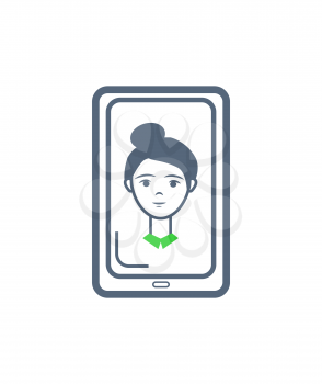 Phone cell and female profile isolated icon monitor screen vector. Gadget with button, woman shown on mobile telephone. Communication internet online