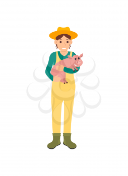 Farmer with pig on hands isolated icon vector. Woman wearing hat and special form protecting from dirt. Piglet little swine, animal breeding in farm