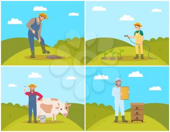 Farmer digging soil of field set vector. Woman watering plantation with hose, farming person holding milk package. Beekeeper with honeycomb and bees