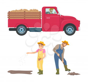 Farming man and woman icons. Trailer with loaded domestic products. Farmer sowing seeds and cultivating soil. Delivery transportation of goods vector