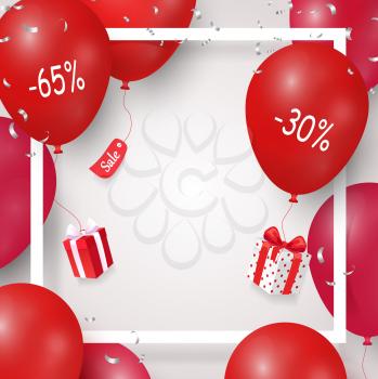 Pretty sale promotional poster, lot of glossy red balloons, printed percents, text on price tag, gifts with ribbon bows colorful vector illustration.